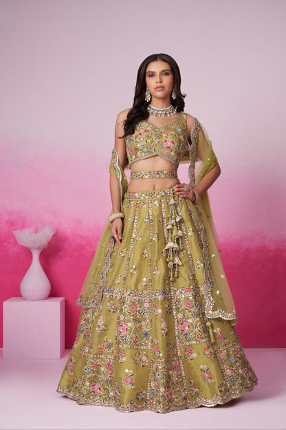 Mustard Bridal Net Lehenga with Mirror &amp; Sequin Work