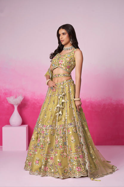 Mustard Bridal Net Lehenga with Mirror &amp; Sequin Work