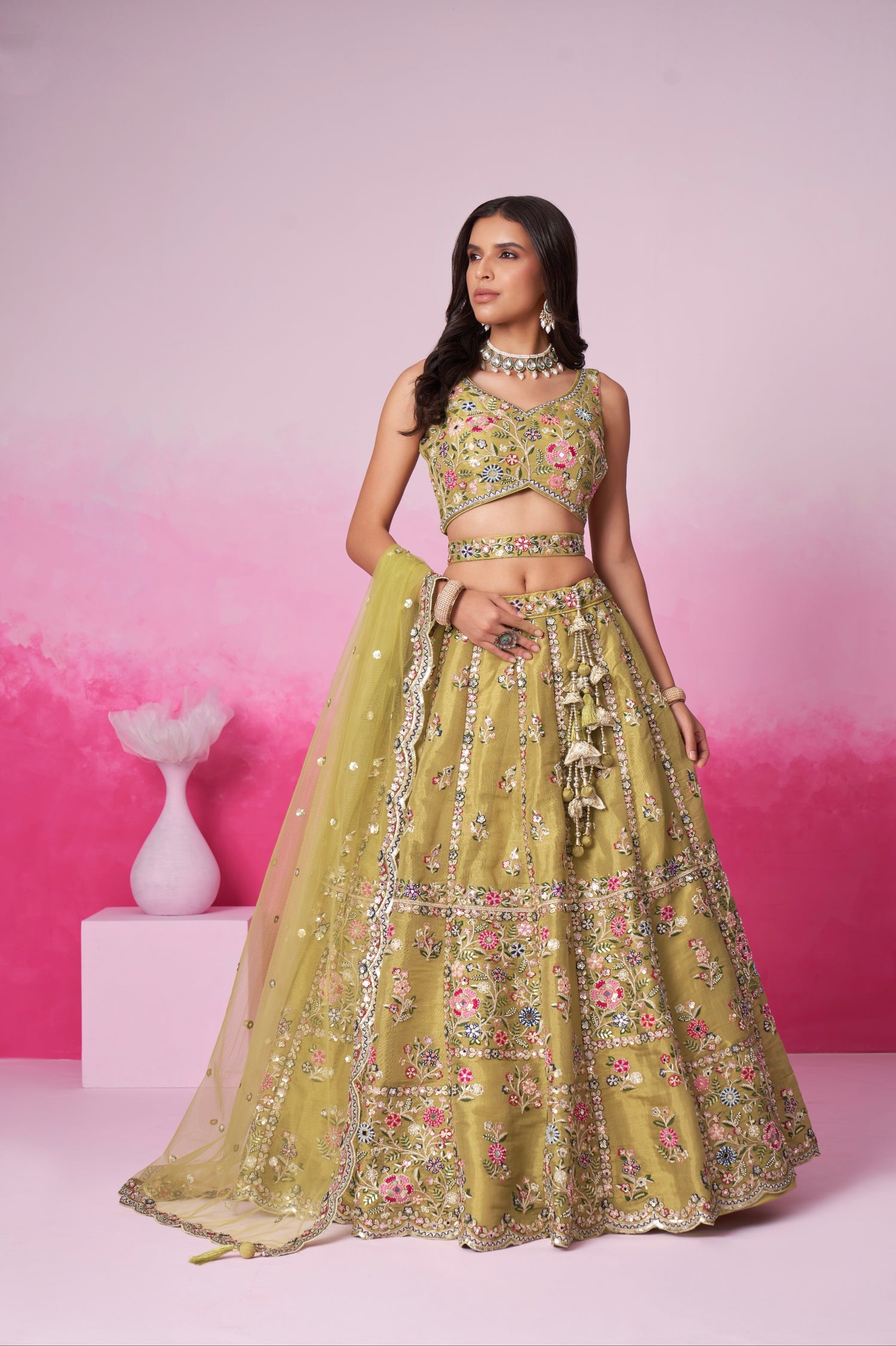 Mustard Bridal Net Lehenga with Mirror &amp; Sequin Work