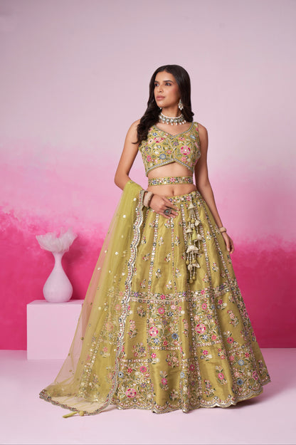 Mustard Bridal Net Lehenga with Mirror &amp; Sequin Work