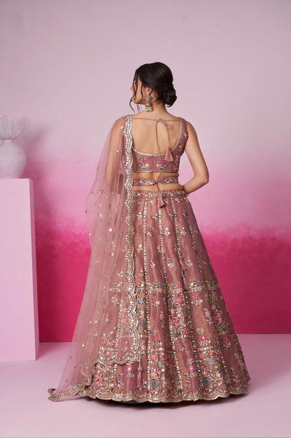 Rose Gold Bridal Net Lehenga Set with Heavy Moti, Mirror &amp; Sequin Work