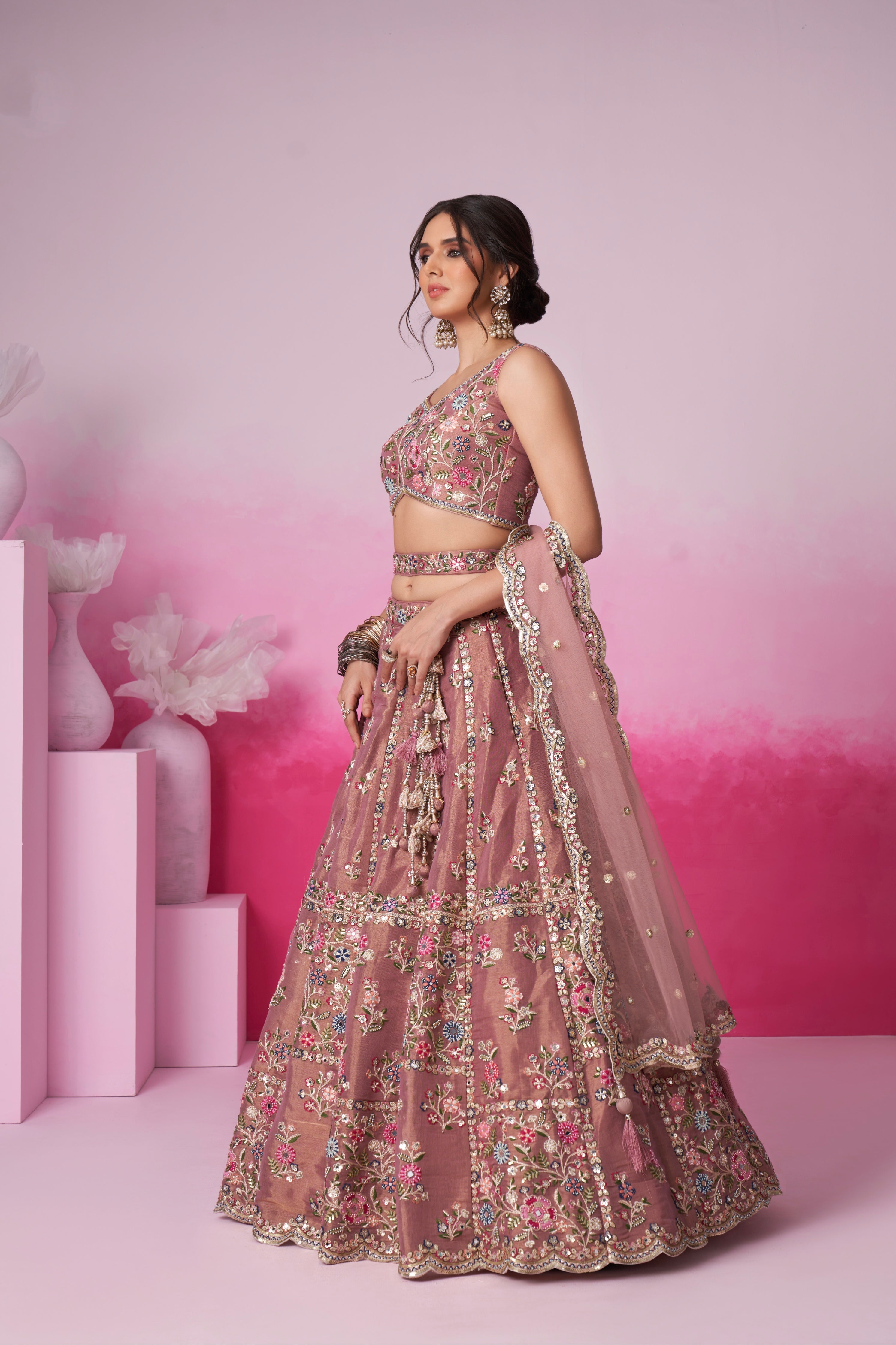 Rose Gold Bridal Net Lehenga Set with Heavy Moti, Mirror &amp; Sequin Work
