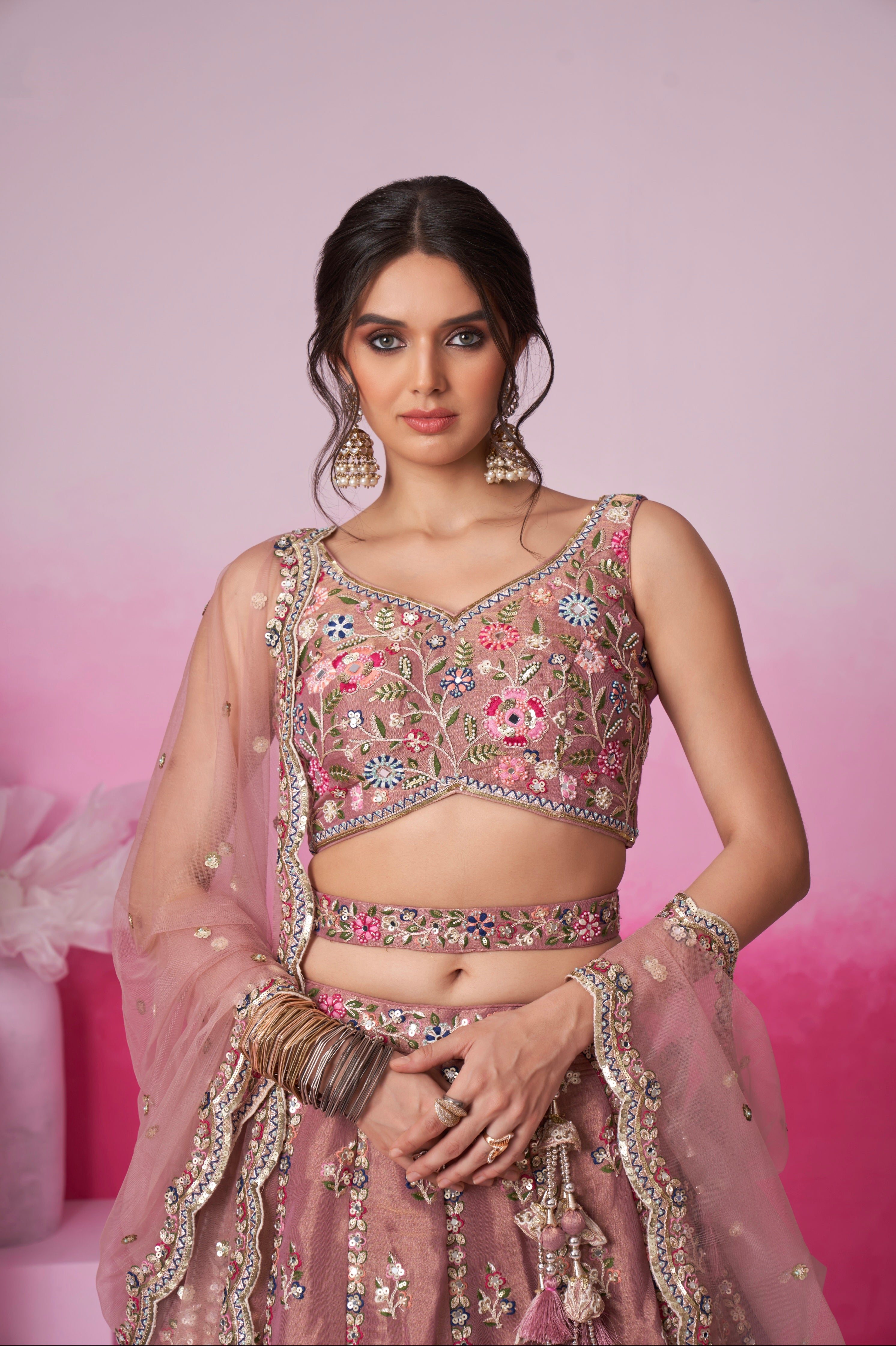 Rose Gold Bridal Net Lehenga Set with Heavy Moti, Mirror &amp; Sequin Work
