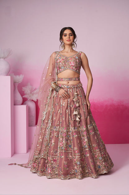 Rose Gold Bridal Net Lehenga Set with Heavy Moti, Mirror &amp; Sequin Work