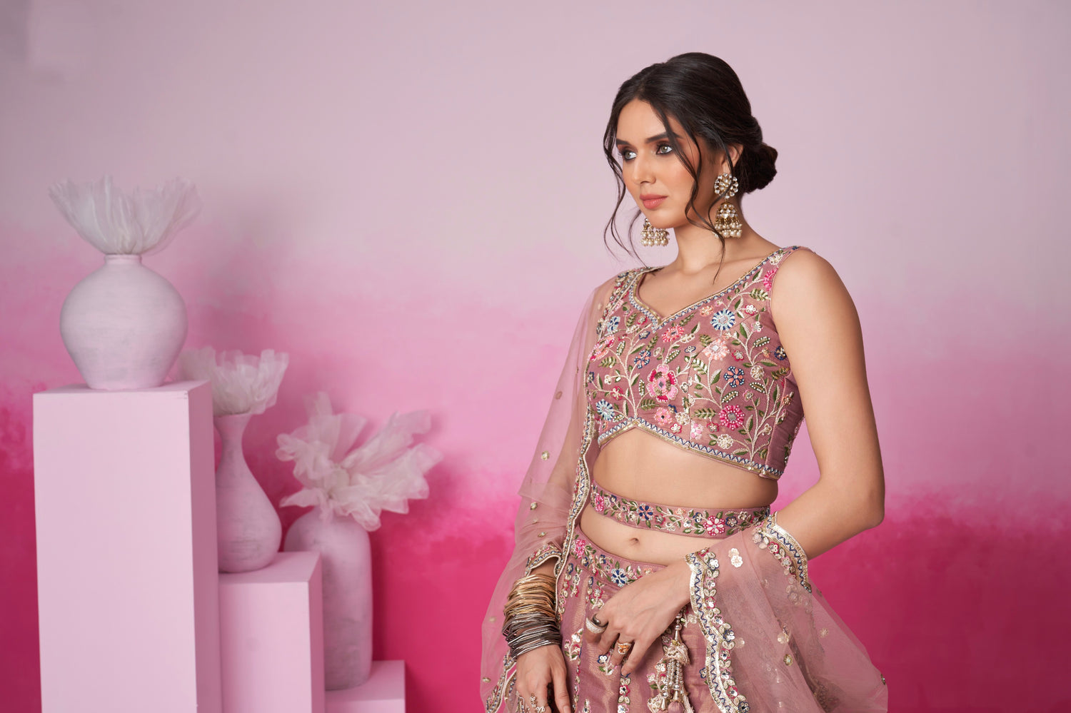 Rose Gold Bridal Net Lehenga Set with Heavy Moti, Mirror &amp; Sequin Work