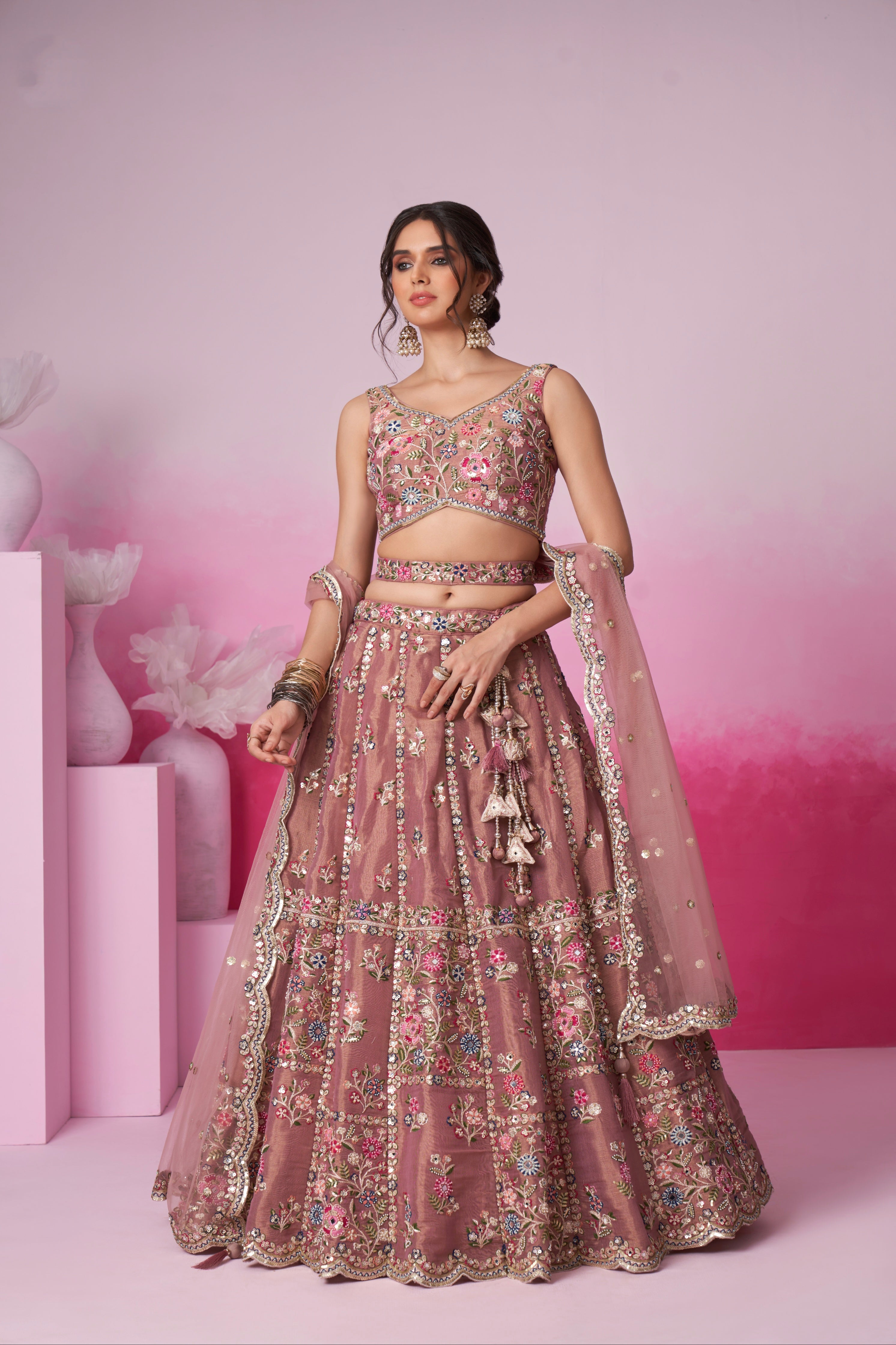 Rose Gold Bridal Net Lehenga Set with Heavy Moti, Mirror &amp; Sequin Work