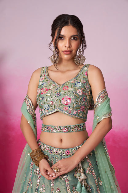Sea Green Bridal Net Lehenga Set with Heavy Moti, Mirror &amp; Sequin Work