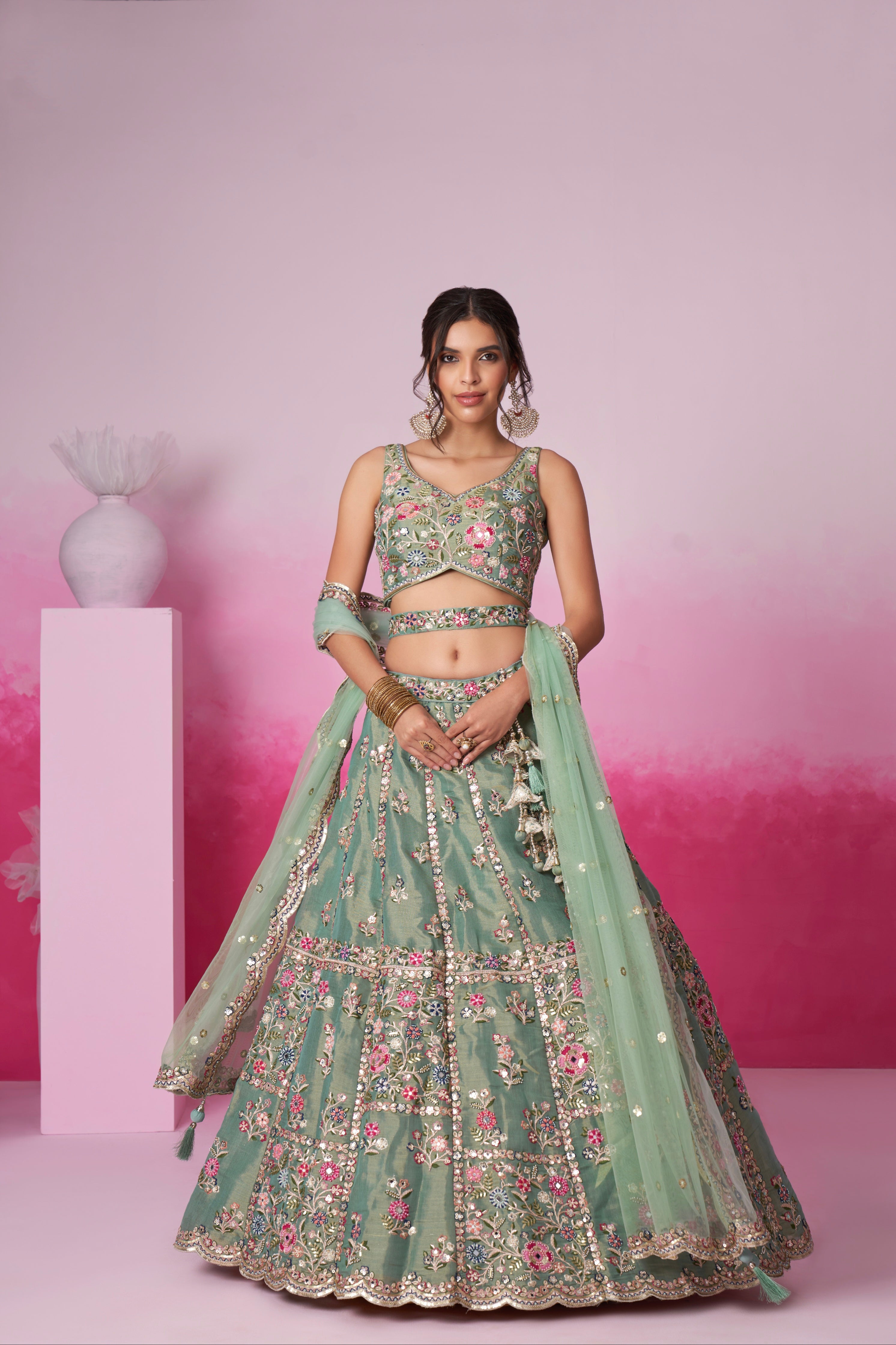 Sea Green Bridal Net Lehenga Set with Heavy Moti, Mirror &amp; Sequin Work