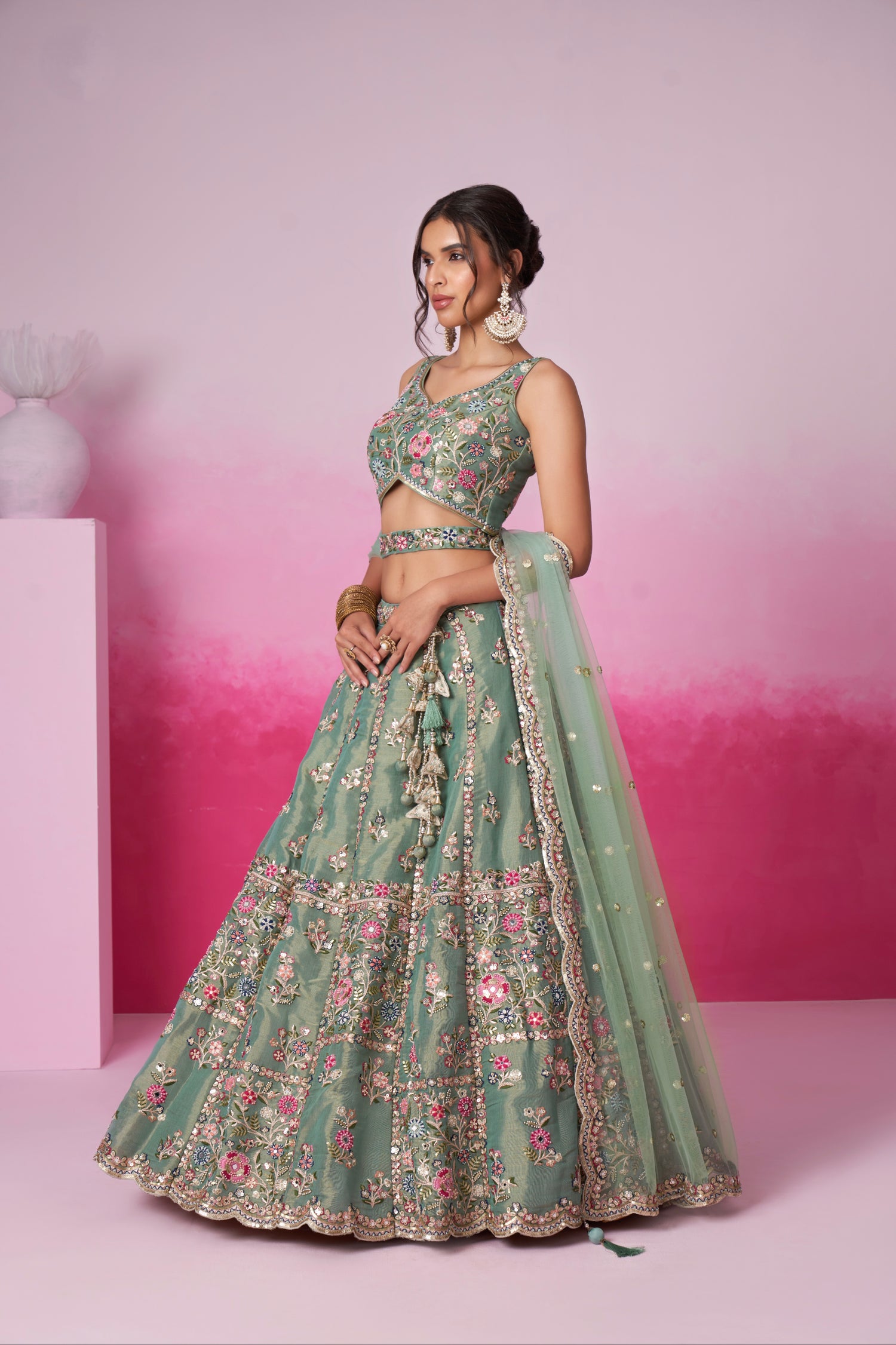Sea Green Bridal Net Lehenga Set with Heavy Moti, Mirror &amp; Sequin Work