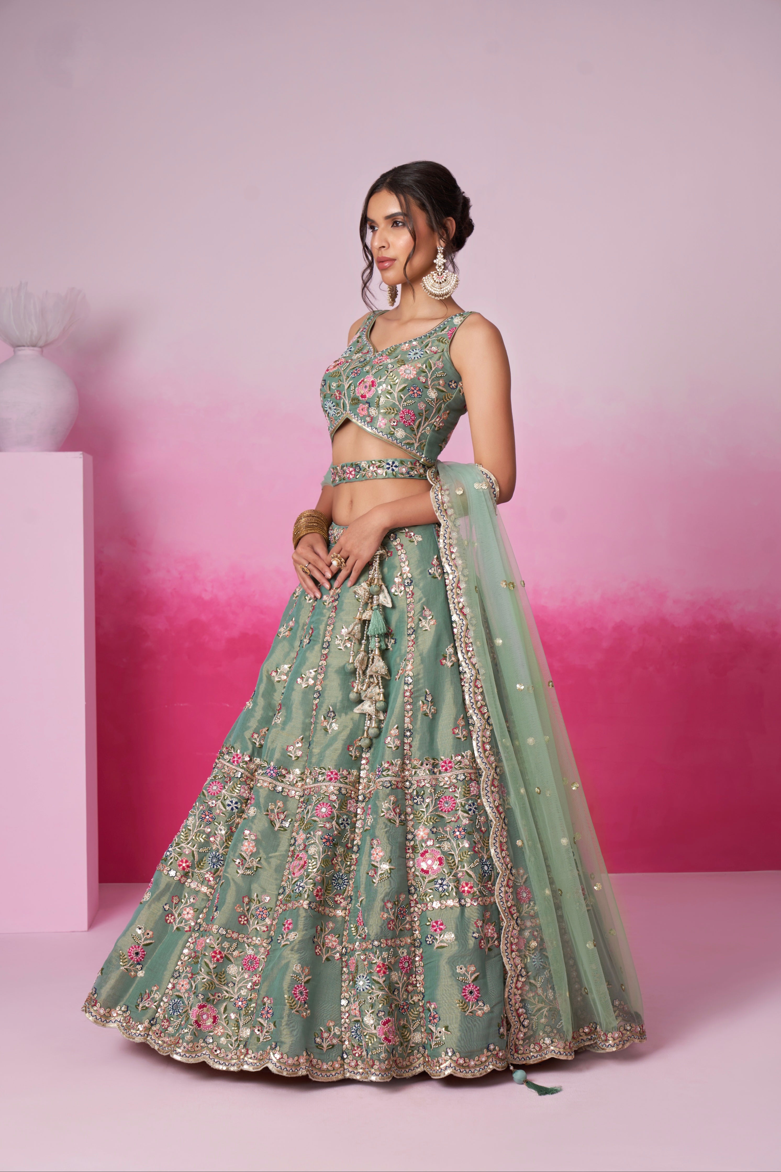Sea Green Bridal Net Lehenga Set with Heavy Moti, Mirror &amp; Sequin Work