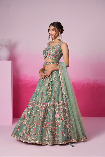 Sea Green Bridal Net Lehenga Set with Heavy Moti, Mirror &amp; Sequin Work