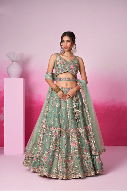 Sea Green Bridal Net Lehenga Set with Heavy Moti, Mirror &amp; Sequin Work