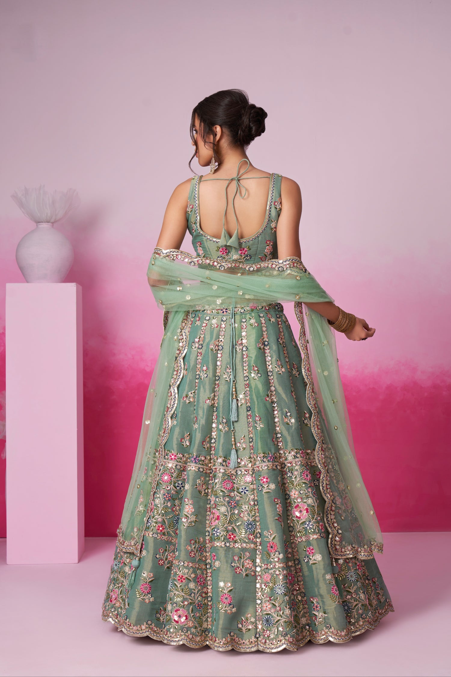 Sea Green Bridal Net Lehenga Set with Heavy Moti, Mirror &amp; Sequin Work