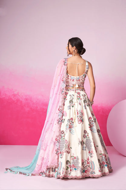 Cream Silk Bridal Lehenga Set with Mirror &amp; Multicolor Organza Dupatta