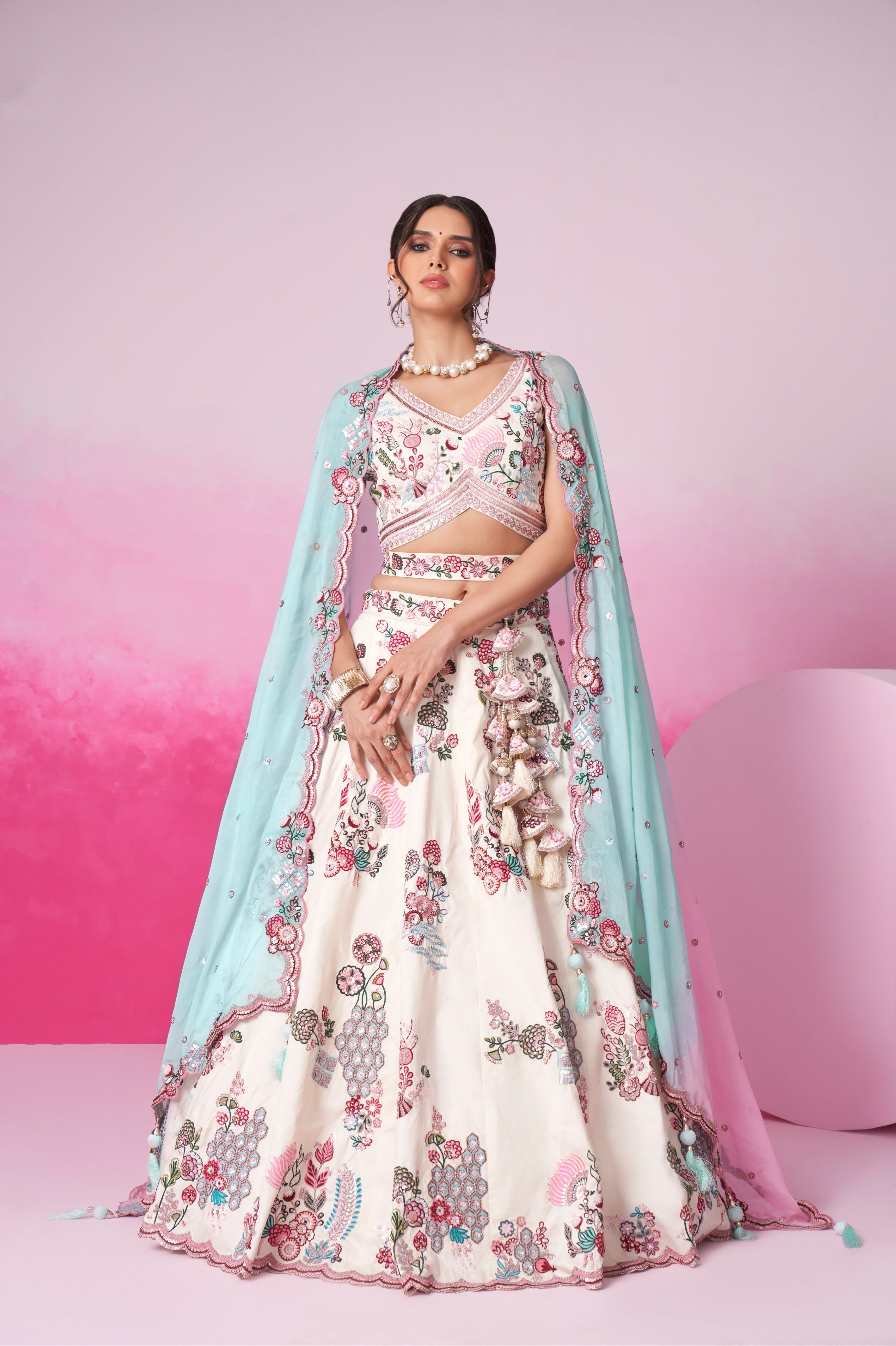 Cream Silk Bridal Lehenga Set with Mirror &amp; Multicolor Organza Dupatta