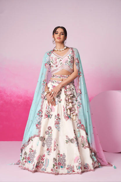 Cream Silk Bridal Lehenga Set with Mirror &amp; Multicolor Organza Dupatta