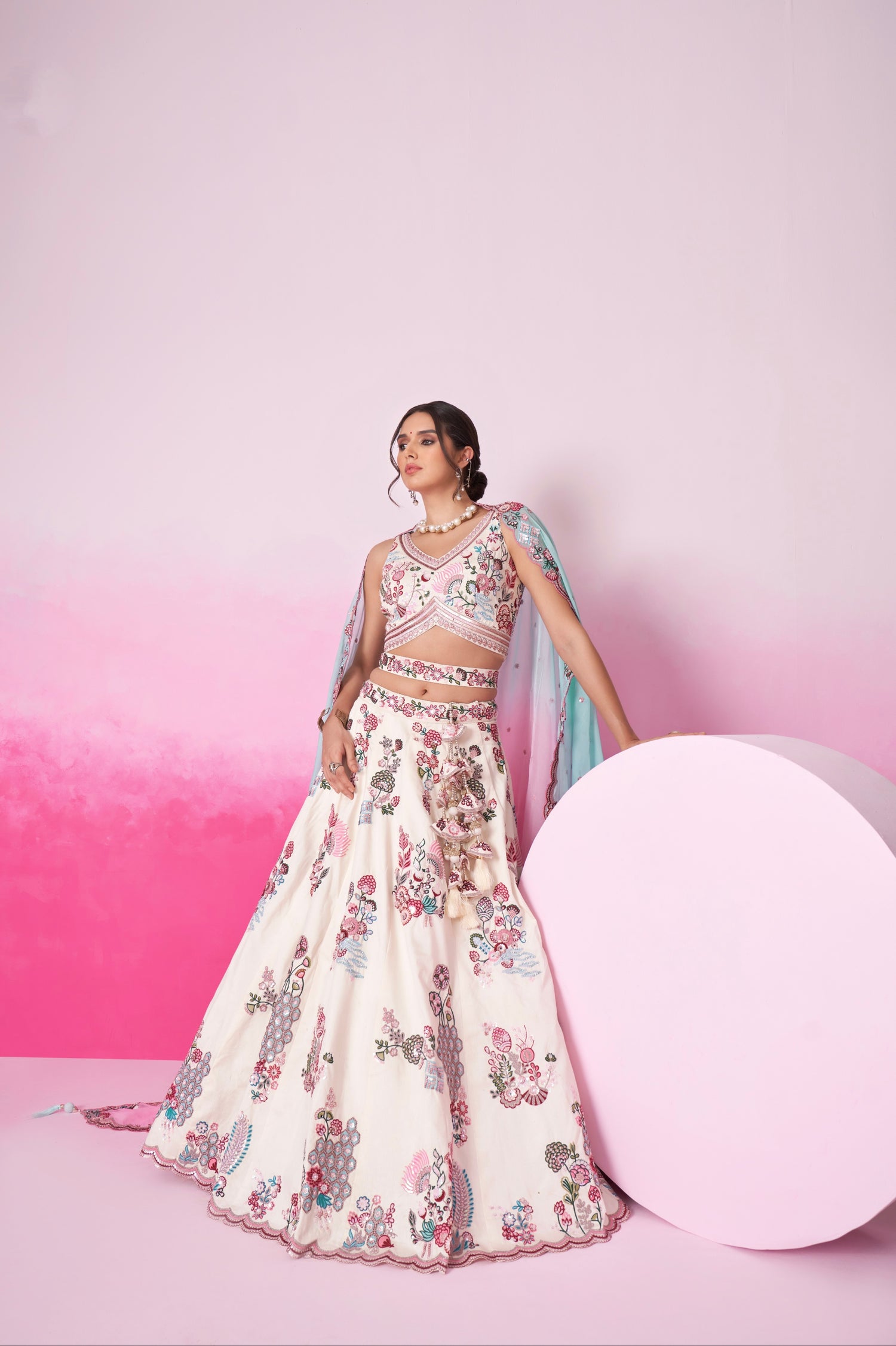 Cream Silk Bridal Lehenga Set with Mirror &amp; Multicolor Organza Dupatta