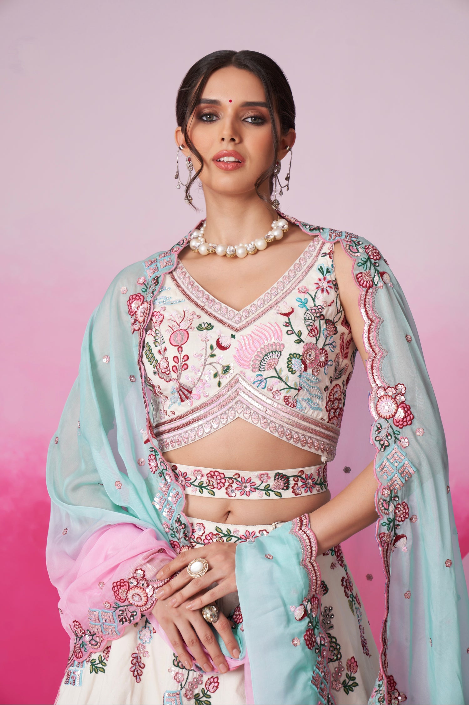 Cream Silk Bridal Lehenga Set with Mirror &amp; Multicolor Organza Dupatta