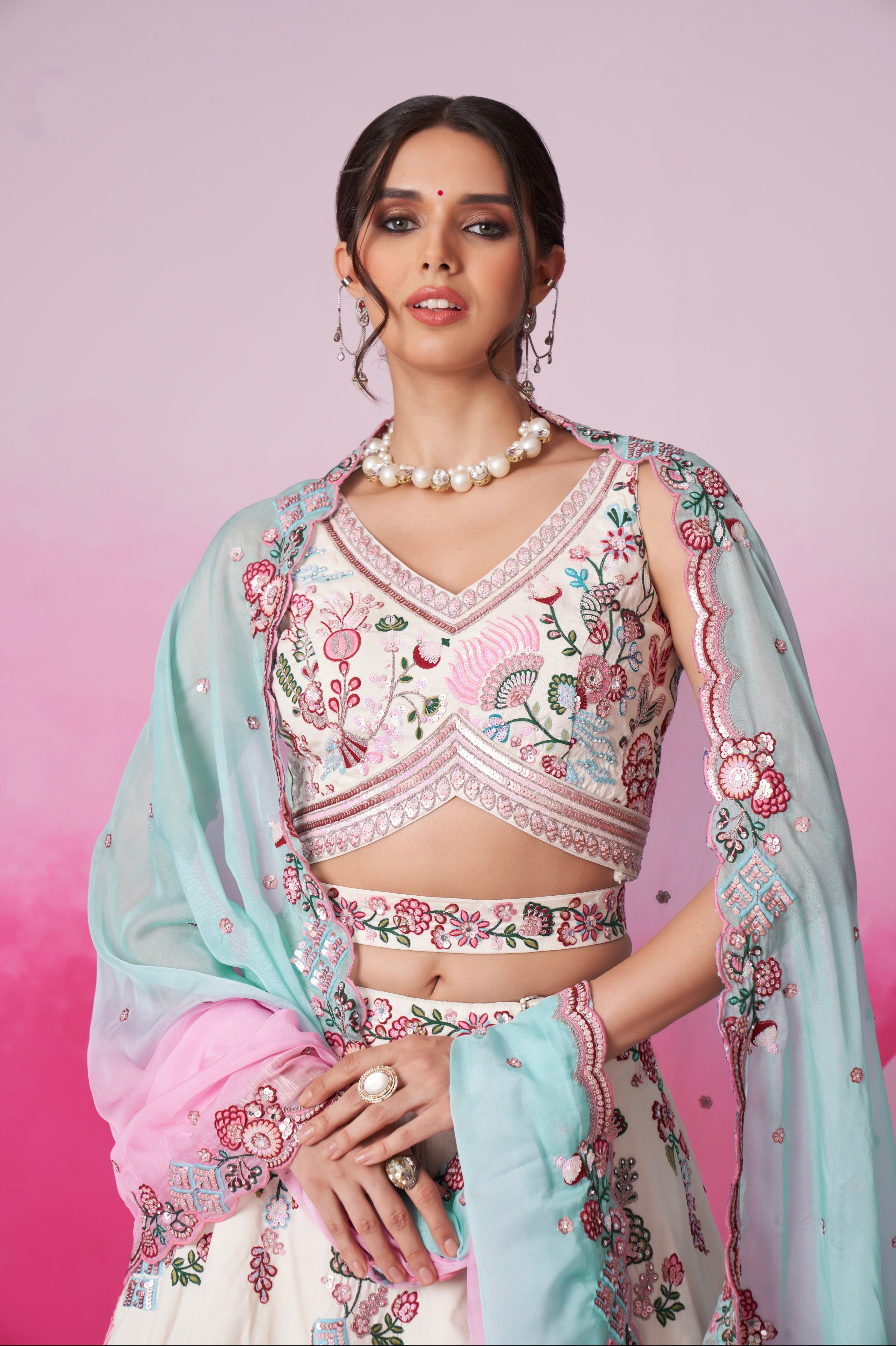 Cream Silk Bridal Lehenga Set with Mirror &amp; Multicolor Organza Dupatta
