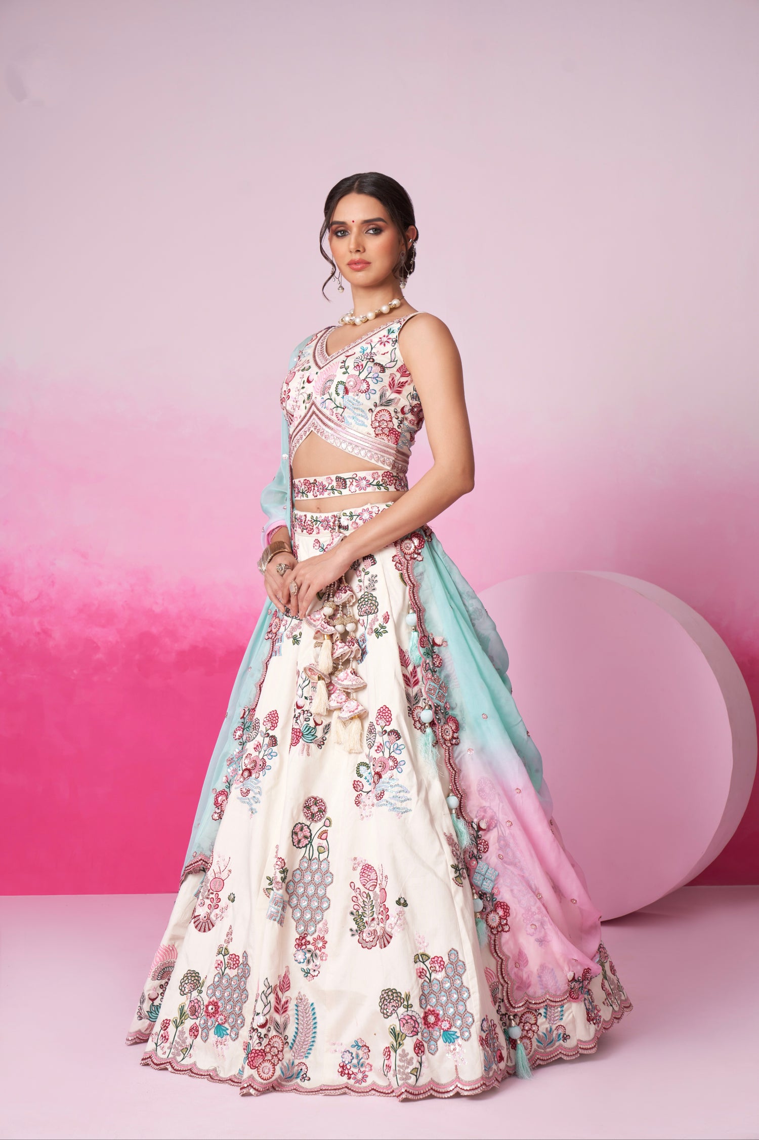 Cream Silk Bridal Lehenga Set with Mirror &amp; Multicolor Organza Dupatta