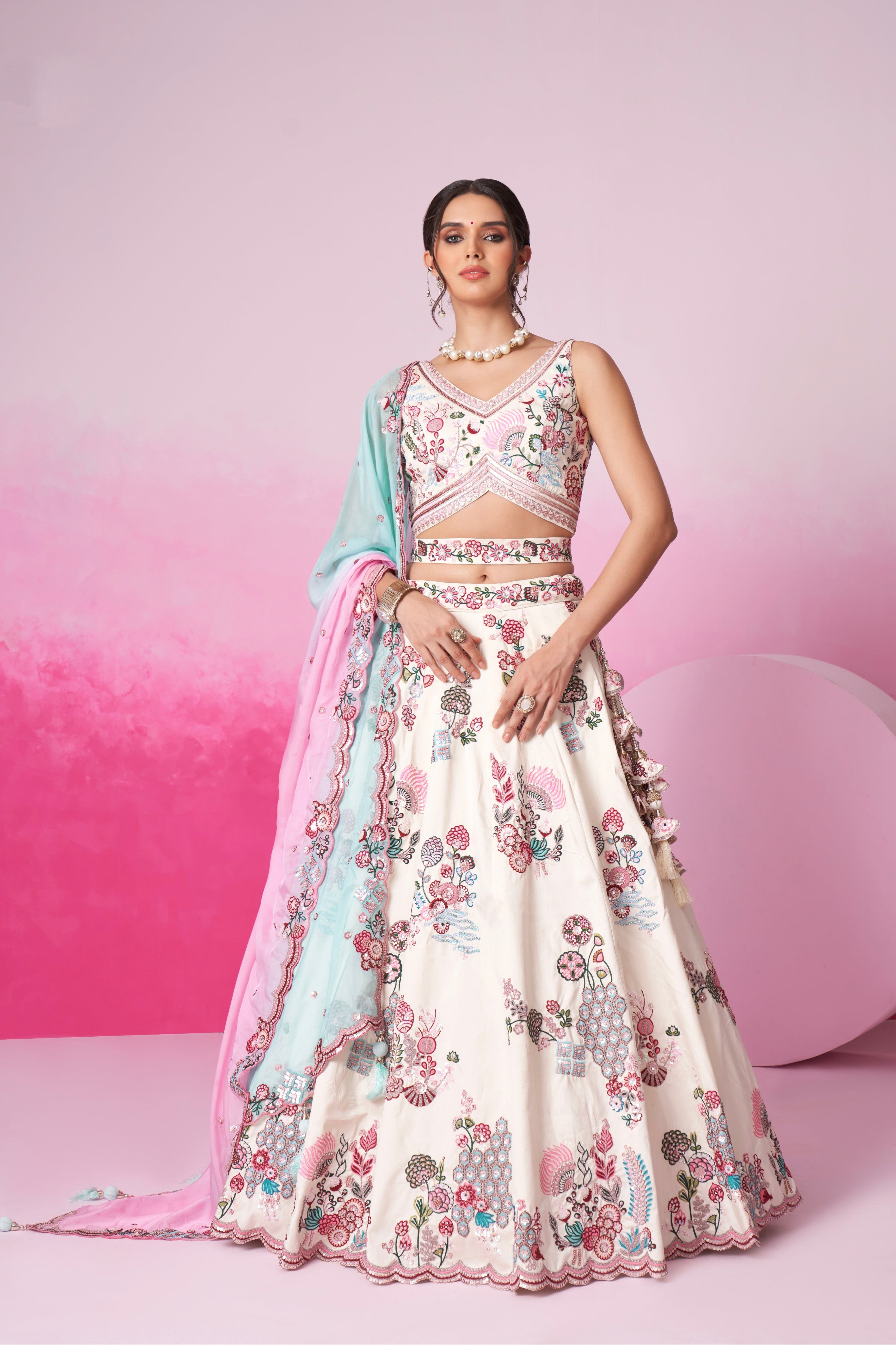 Cream Silk Bridal Lehenga Set with Mirror &amp; Multicolor Organza Dupatta