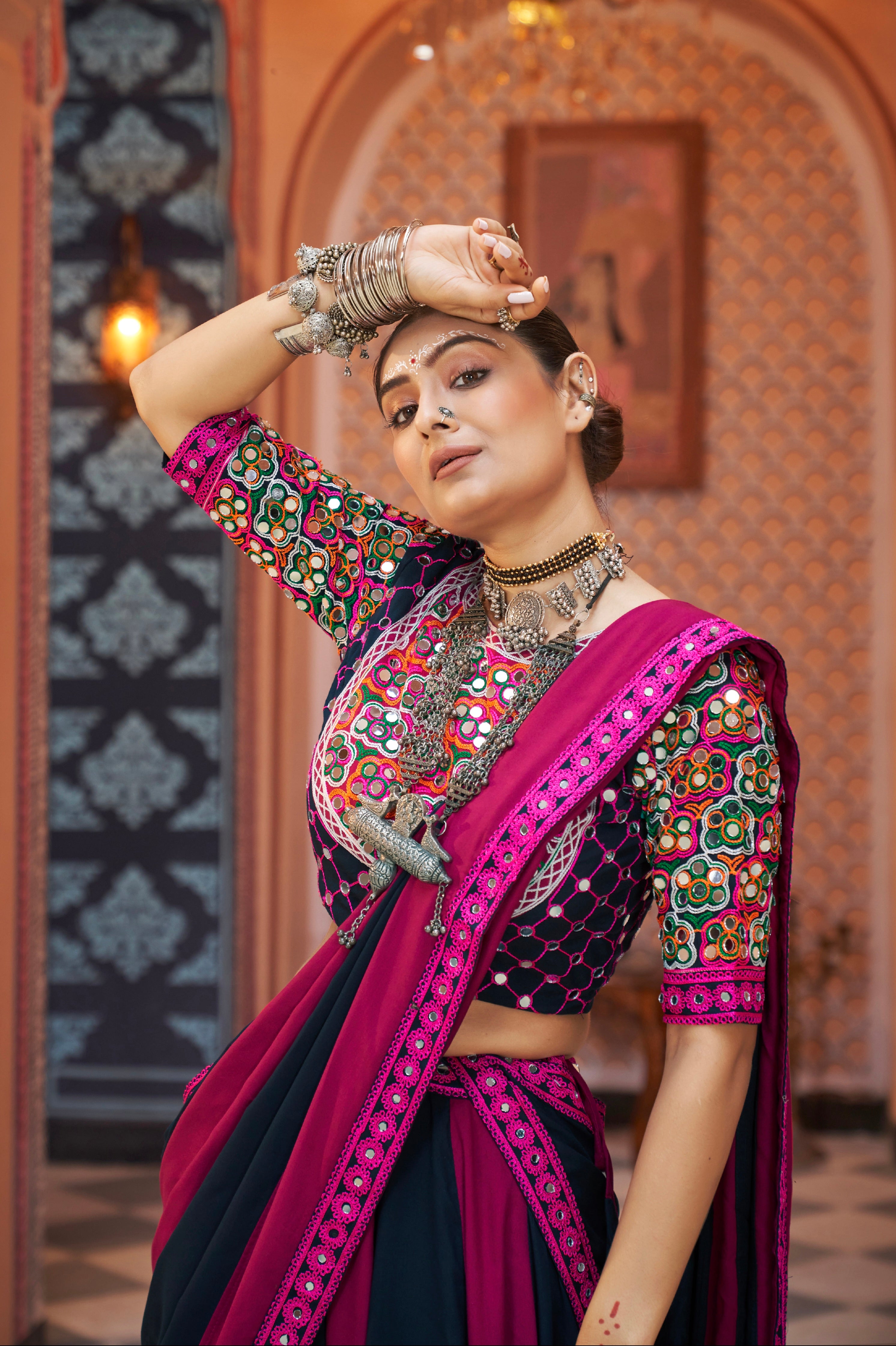 Deep Purple and Pink Embroidered Chaniya Choli with Mirror Work