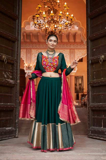 Forest Green &amp; Red Embroidered Viscose Rayon Chaniya Choli