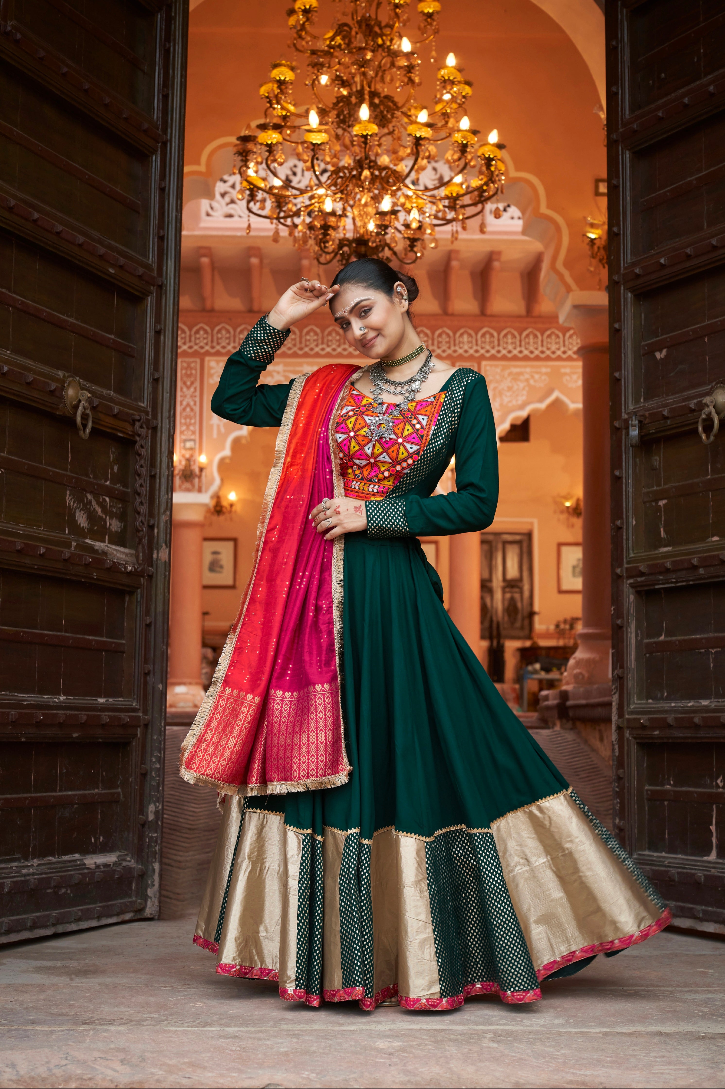 Forest Green &amp; Red Embroidered Viscose Rayon Chaniya Choli