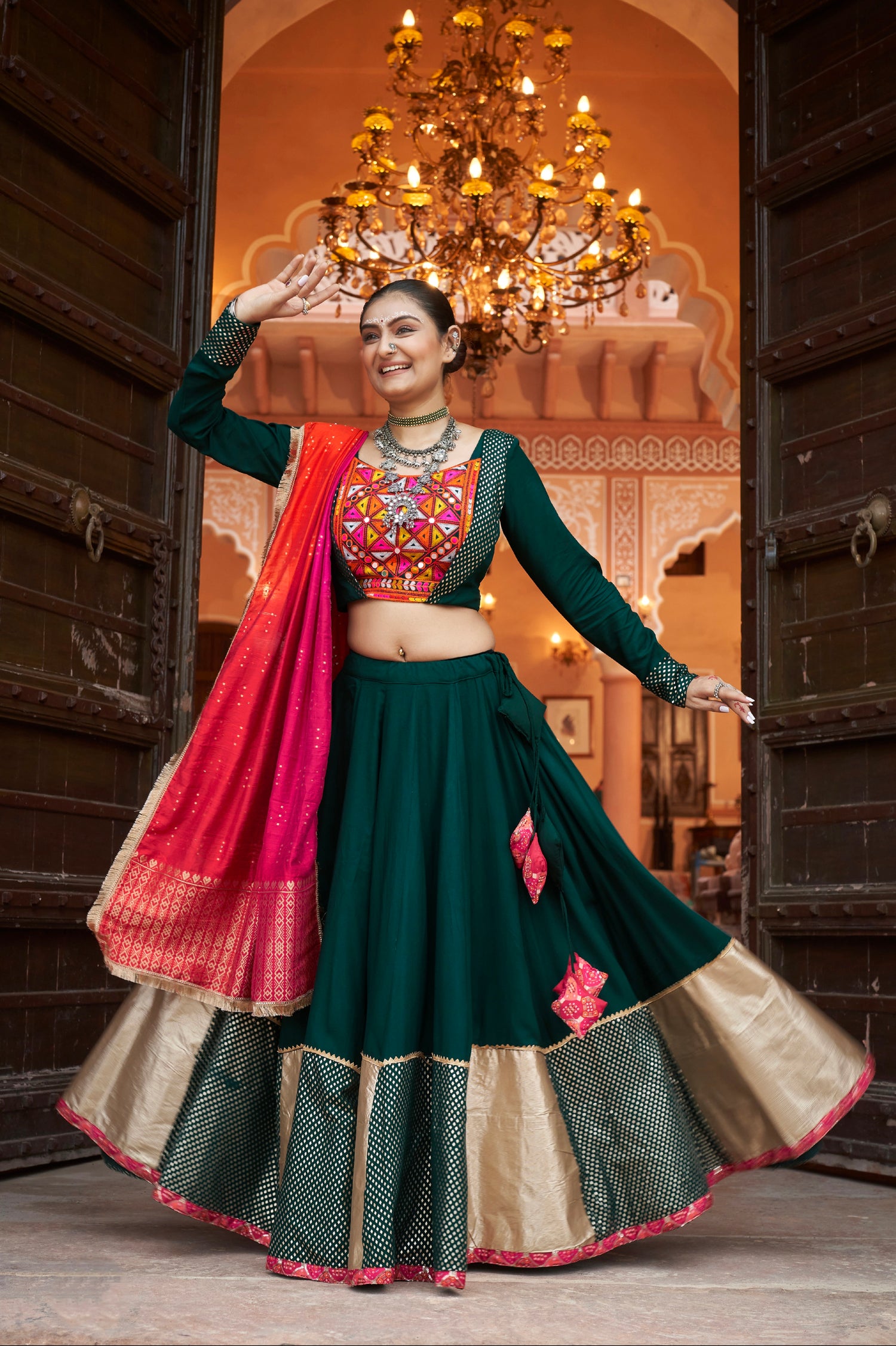 Forest Green &amp; Red Embroidered Viscose Rayon Chaniya Choli