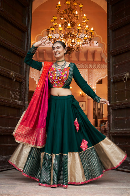 Forest Green &amp; Red Embroidered Viscose Rayon Chaniya Choli