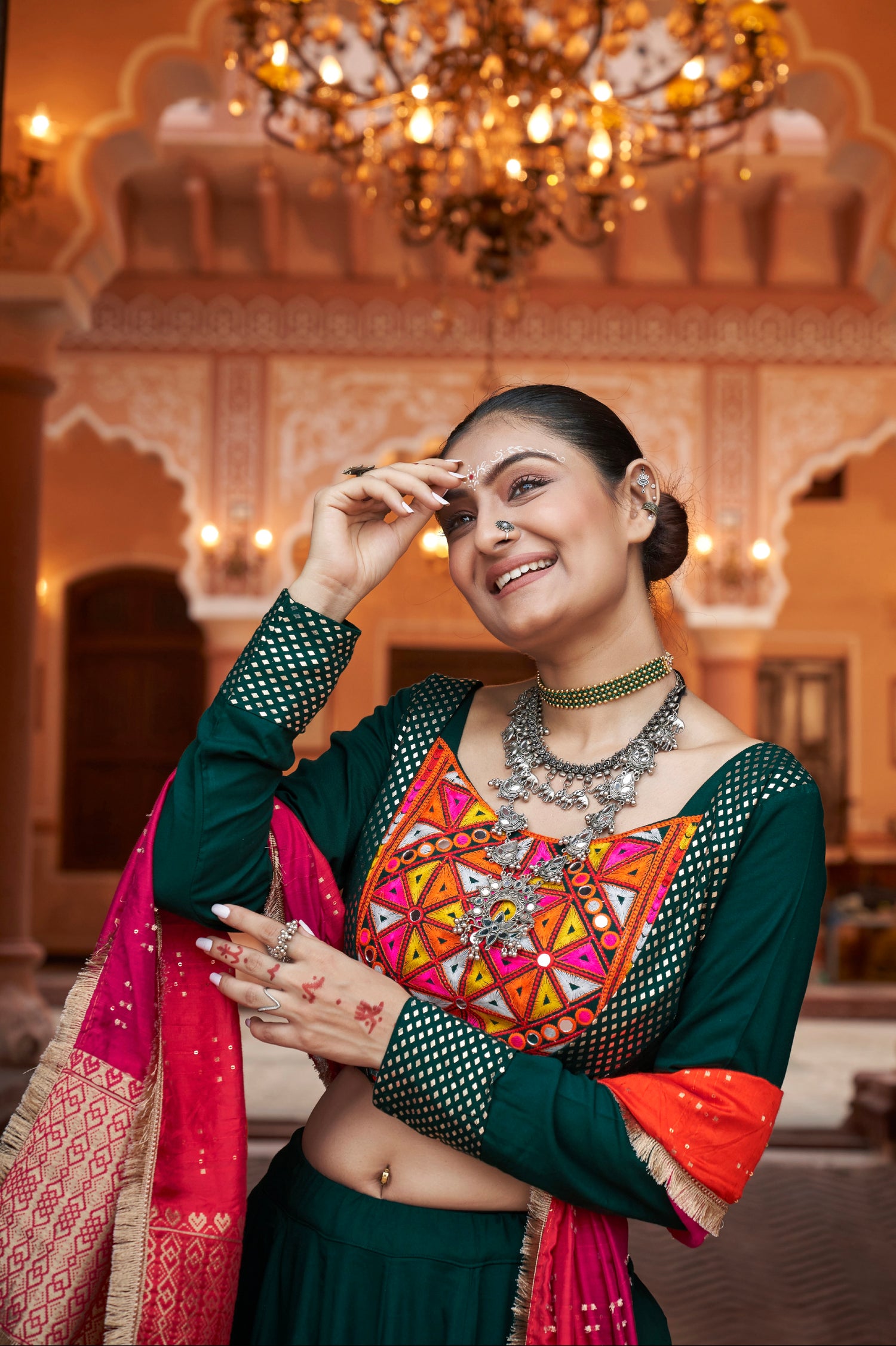Forest Green &amp; Red Embroidered Viscose Rayon Chaniya Choli