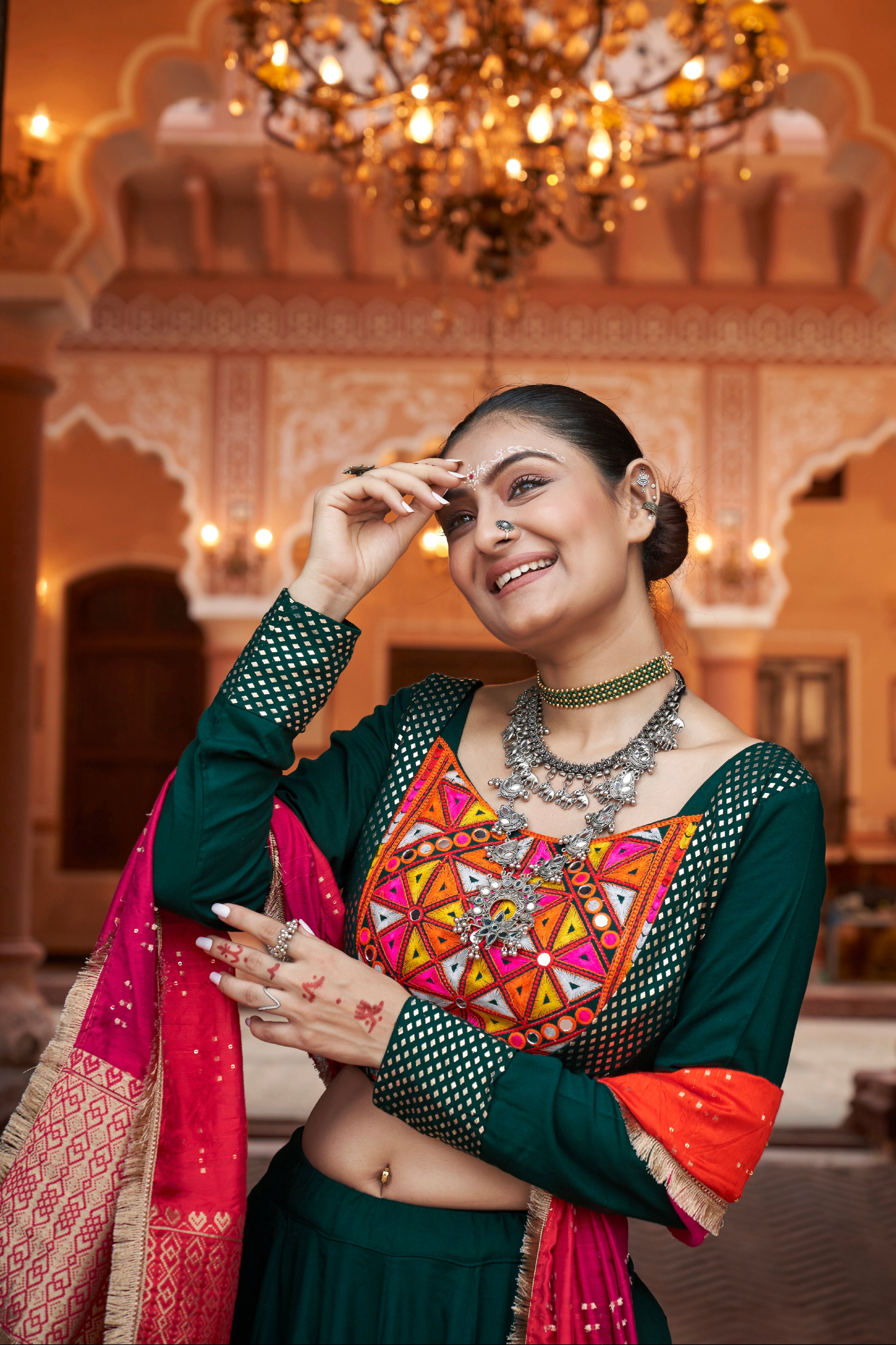 Forest Green &amp; Red Embroidered Viscose Rayon Chaniya Choli