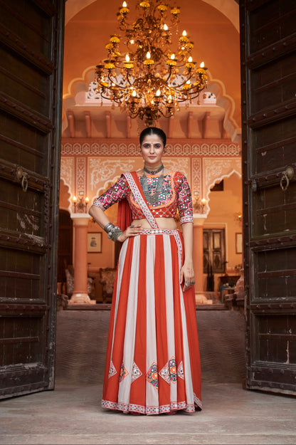 Orange &amp; White Embroidered Viscose Rayon Chaniya Choli