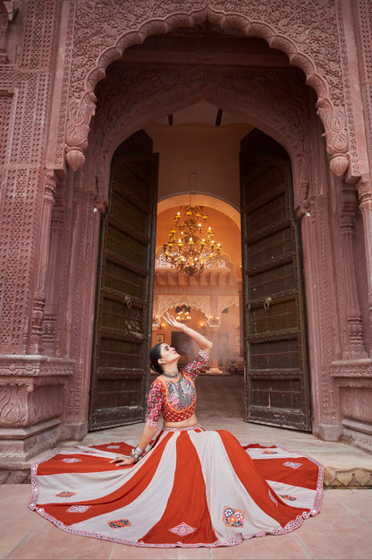 Orange &amp; White Embroidered Viscose Rayon Chaniya Choli