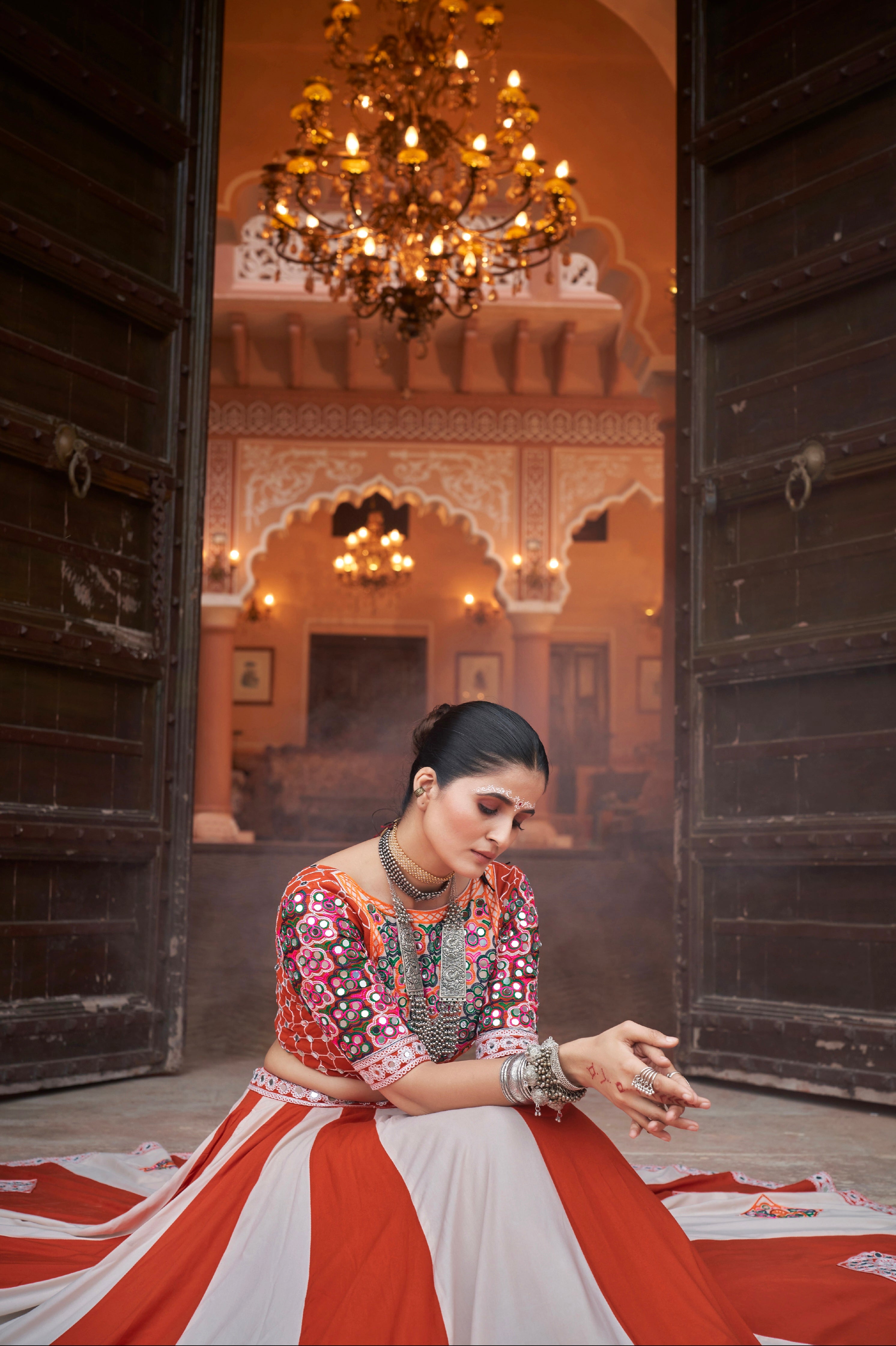 Orange &amp; White Embroidered Viscose Rayon Chaniya Choli