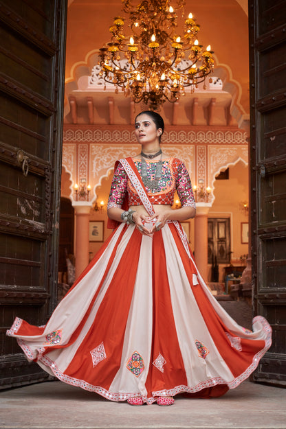 Orange &amp; White Embroidered Viscose Rayon Chaniya Choli