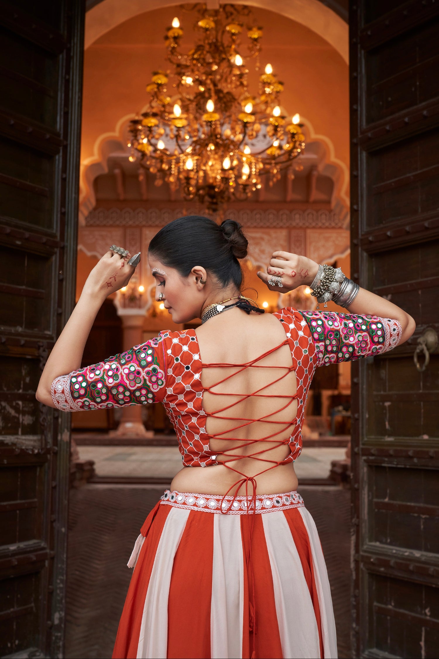 Orange &amp; White Embroidered Viscose Rayon Chaniya Choli