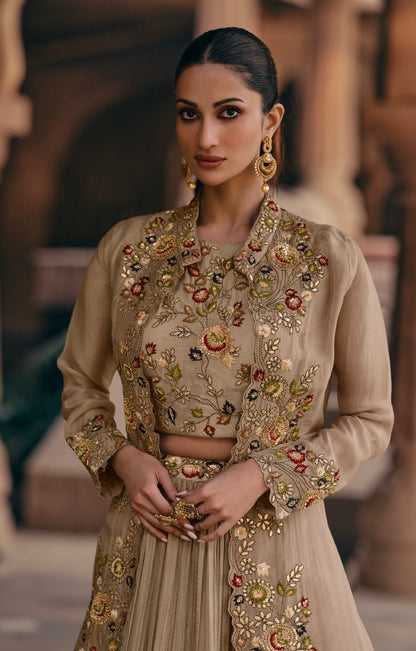 Beige Georgette Sharara Suit with Floral Embroidery