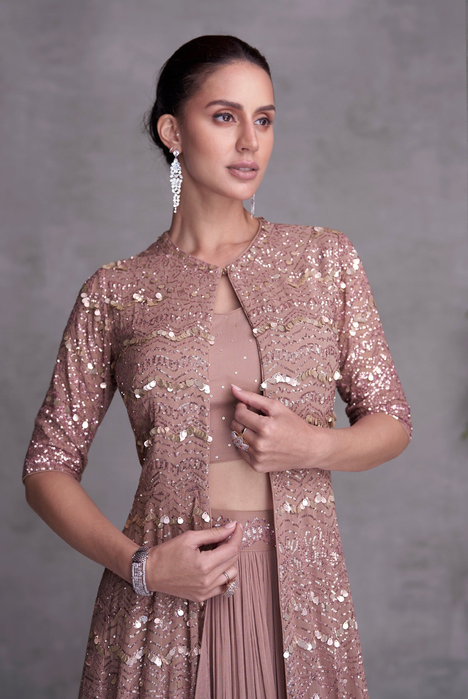 Pink Georgette Embroidered Sharara Set with Jacket &amp; Gold Detailing