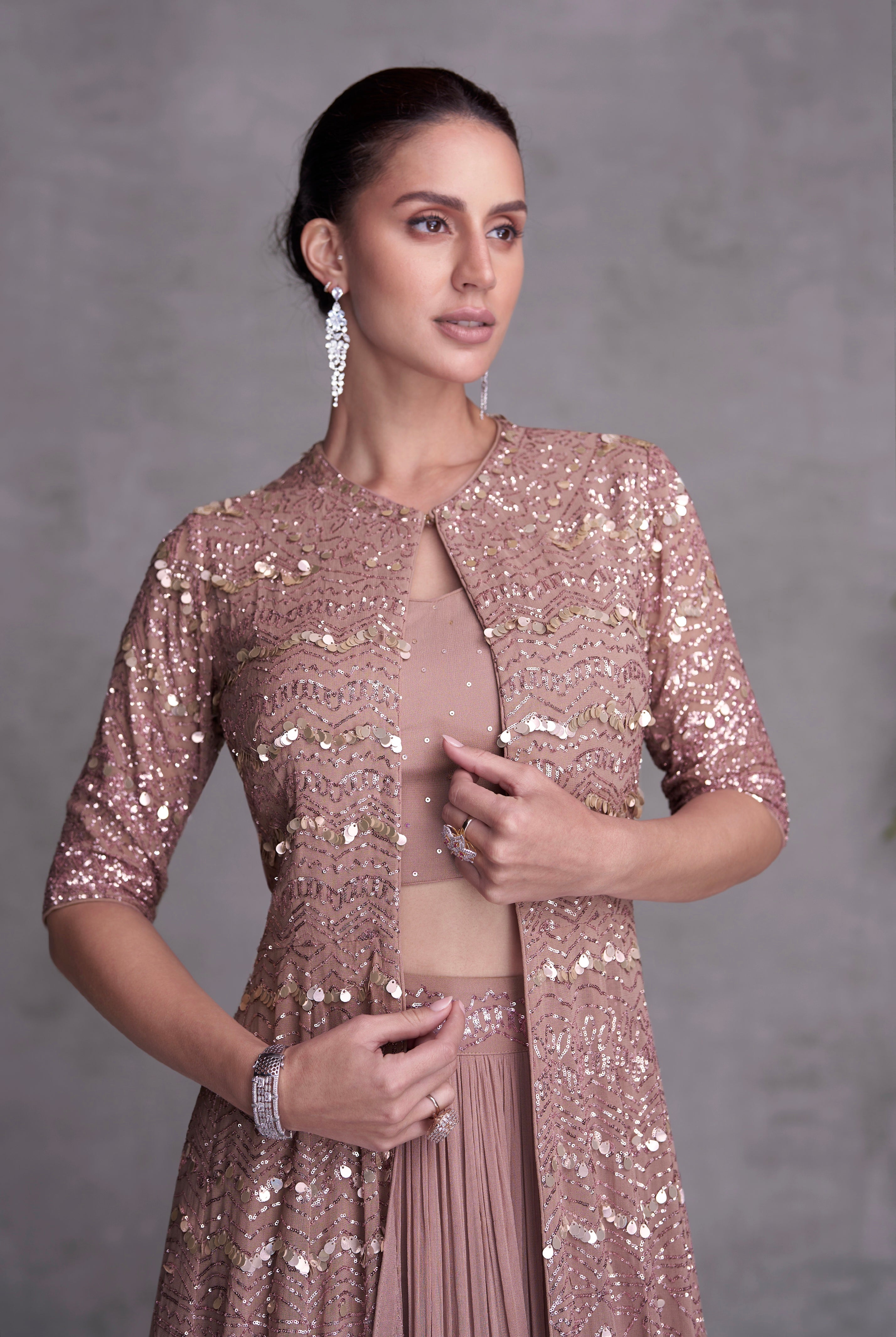 Pink Georgette Embroidered Sharara Set with Jacket &amp; Gold Detailing