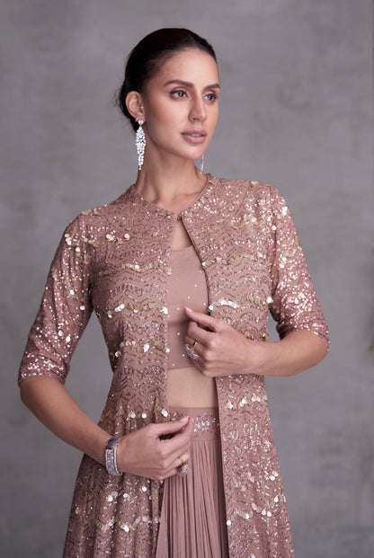 Pink Georgette Embroidered Sharara Set with Jacket &amp; Gold Detailing