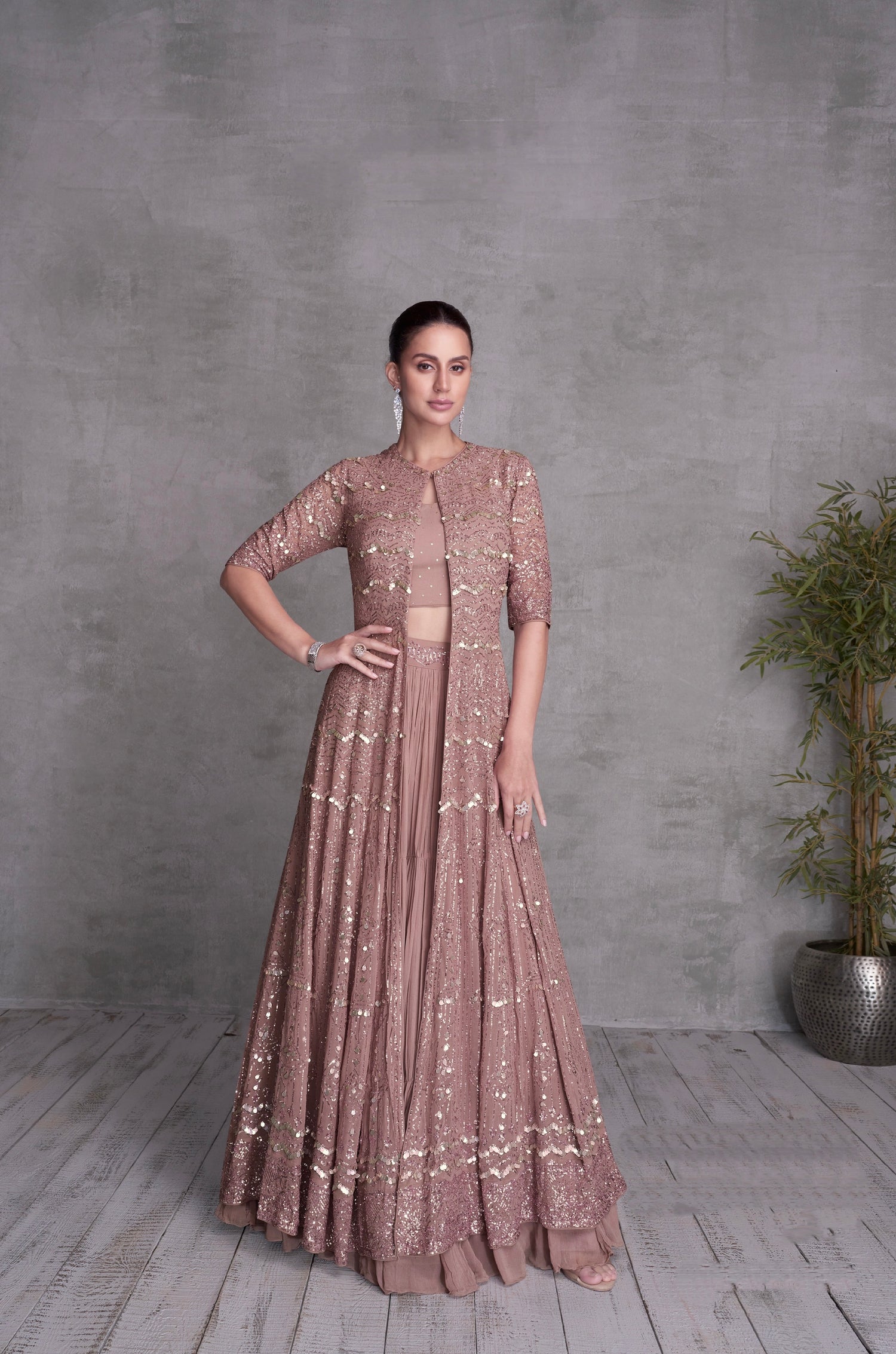 Pink Georgette Embroidered Sharara Set with Jacket &amp; Gold Detailing