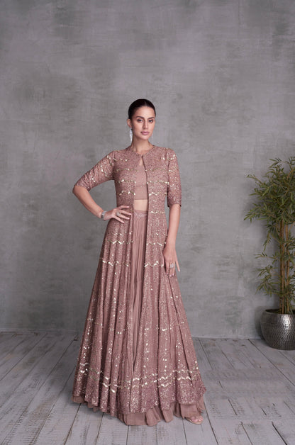 Pink Georgette Embroidered Sharara Set with Jacket &amp; Gold Detailing