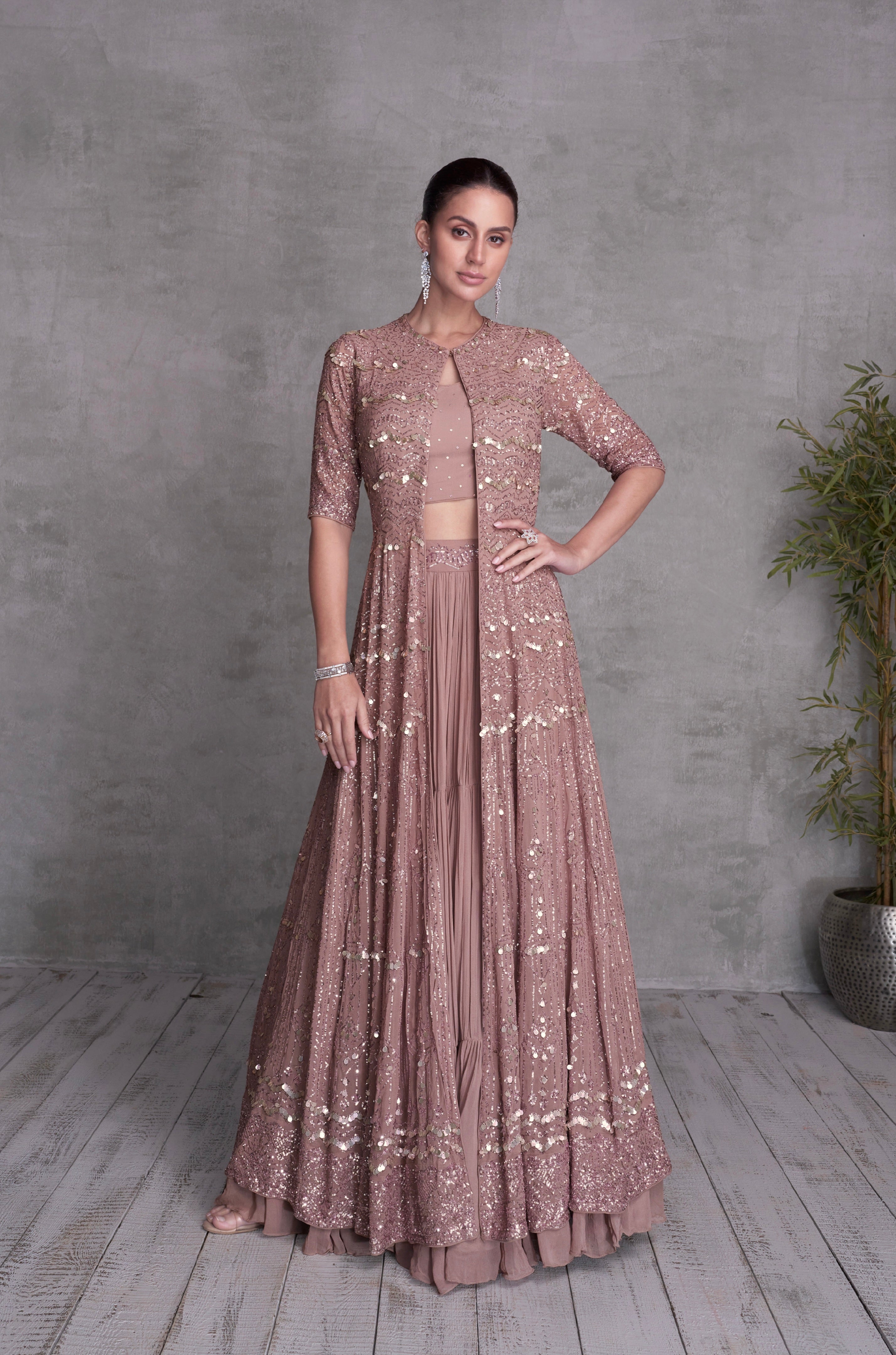 Pink Georgette Embroidered Sharara Set with Jacket &amp; Gold Detailing
