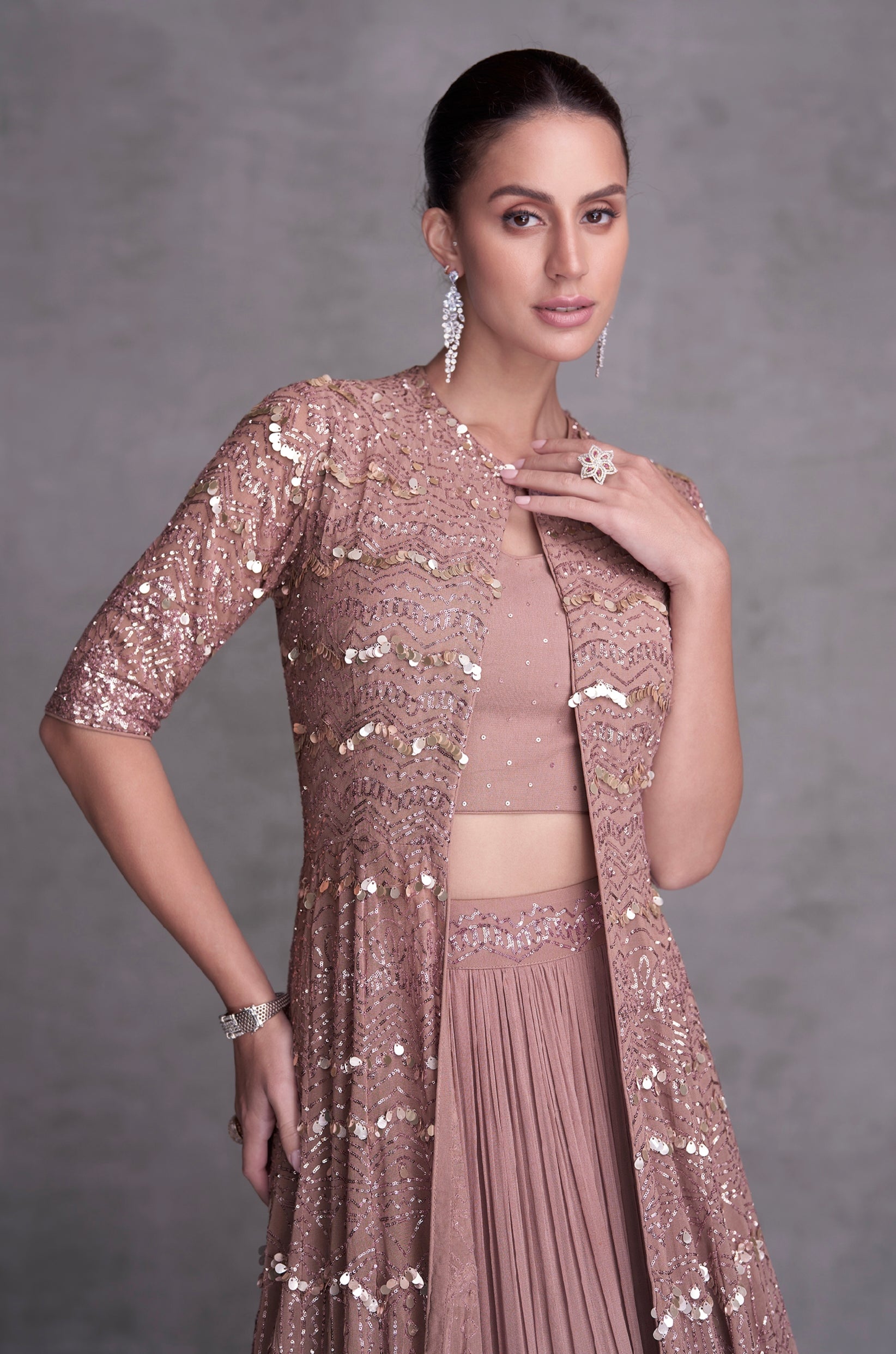 Pink Georgette Embroidered Sharara Set with Jacket &amp; Gold Detailing