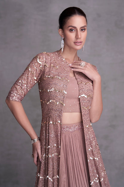 Pink Georgette Embroidered Sharara Set with Jacket &amp; Gold Detailing