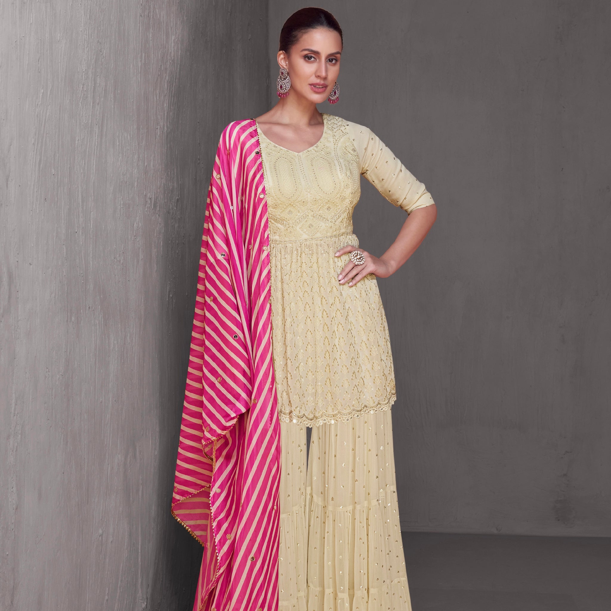 Cream Georgette Embroidered Sharara Suit and Dupatta & Gold Detailing