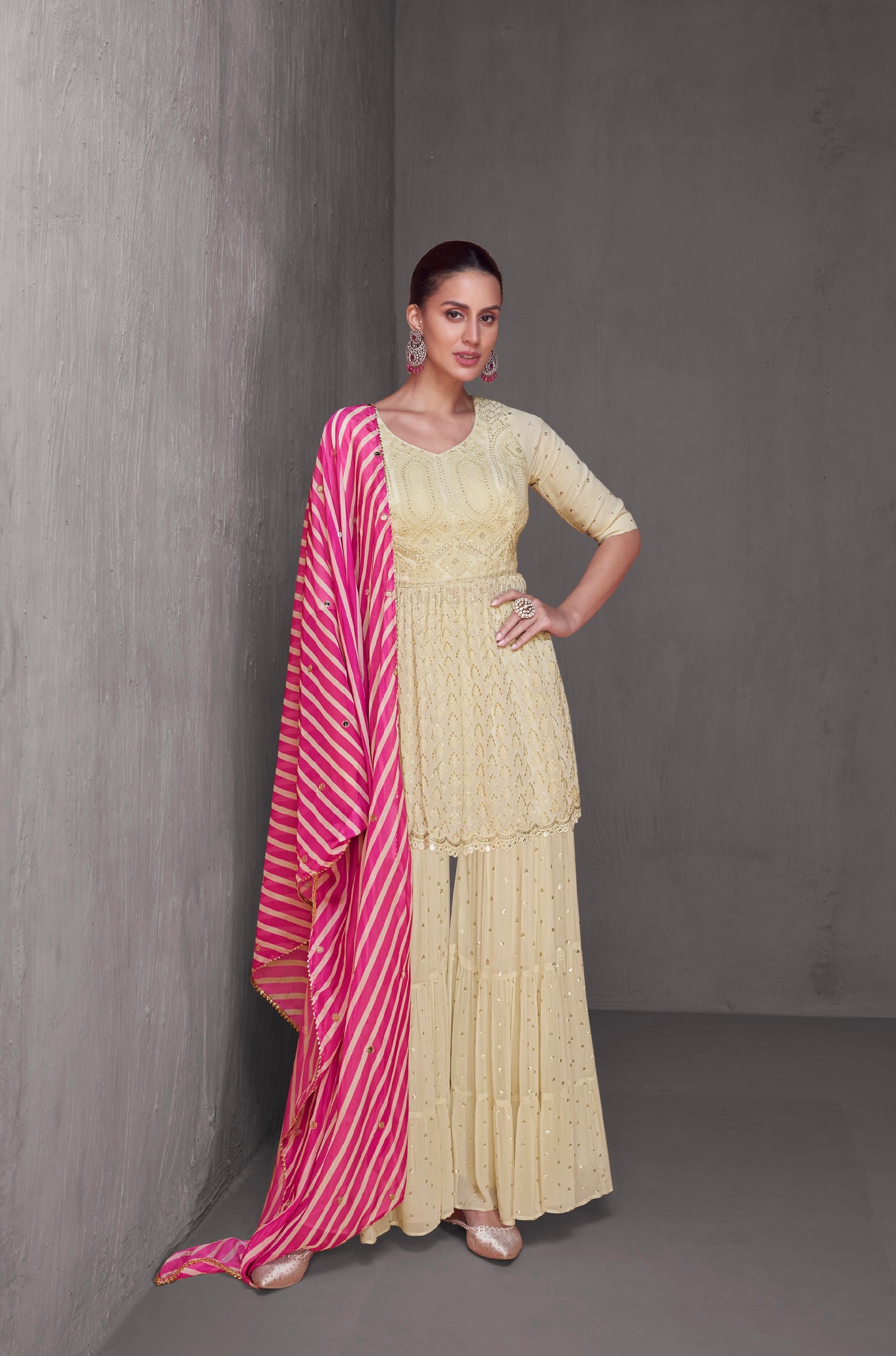 Cream Georgette Embroidered Sharara Suit and Dupatta &amp; Gold Detailing