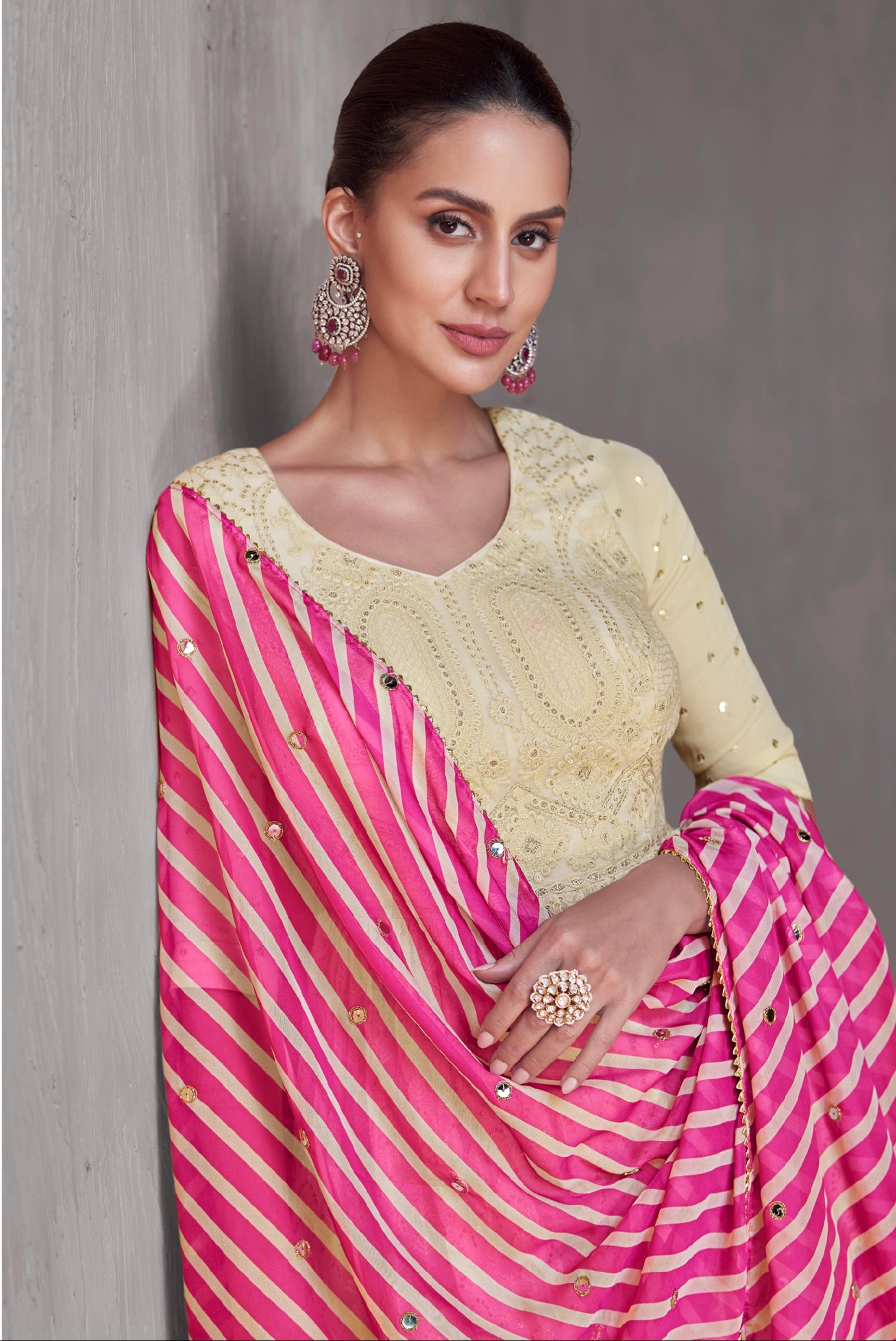 Cream Georgette Embroidered Sharara Suit and Dupatta &amp; Gold Detailing