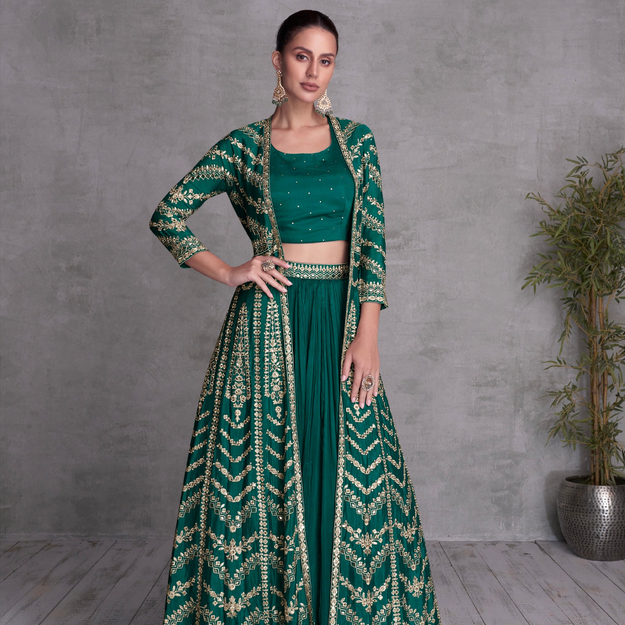 Emerald Green Georgette Embroidered Sharara Set with Gold Detailing